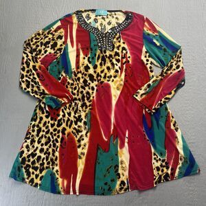 NF Free Size Fit & Flare Mini Dress Hippie Boho 1 Size Leopard Rhinestone Neck